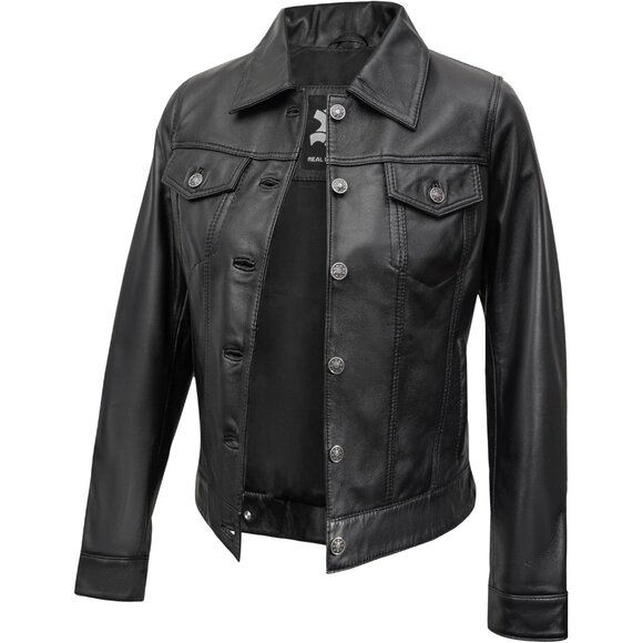 Women's Real Lambskin Outwear Jackets Stylish Turn Down Collar Black Trucker - Picture 2 of 5